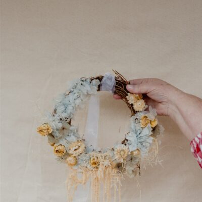 dried flower wreath blue and yellow