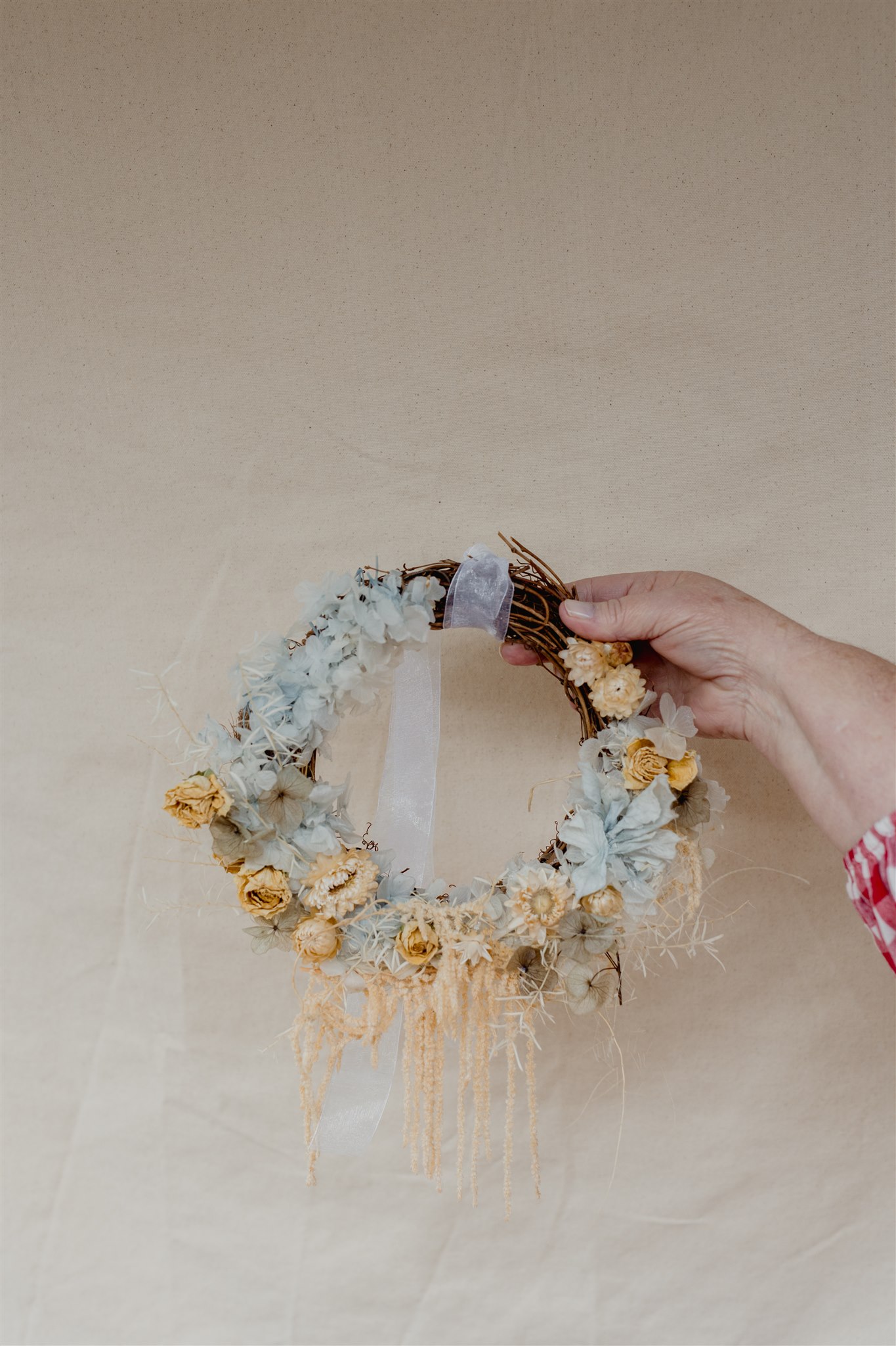 dried flower wreath blue and yellow