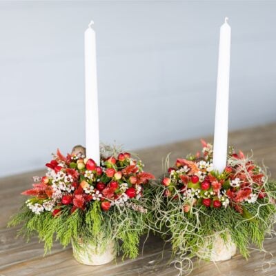 Christmas Candlestick Arrangement – Festive Flowers and Candle