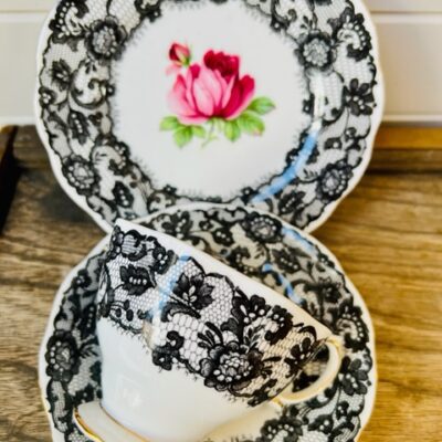 Royal Albert Black Lace & Raspberry Red Rose Trio Teacup Posy