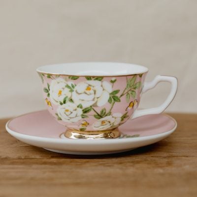 floral teacup with fresh flowers