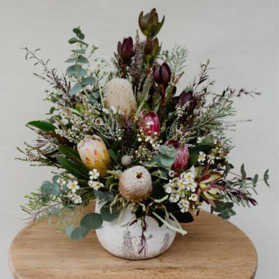 concrete pot floral arrangement