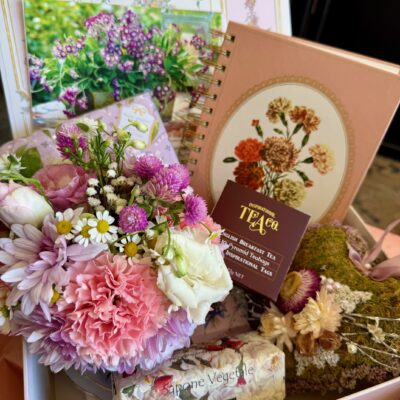 A luxurious Mother's Day gift hamper from Newcastle's Mayflowers Vintage Florist. Includes a teacup posy, soap, tea and more.