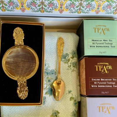 A charming mothers day tea hamper from Mayflowers Vintage Florist Newcastle. Includes Cristina Re accessories and Inspirational Tea Co blends.