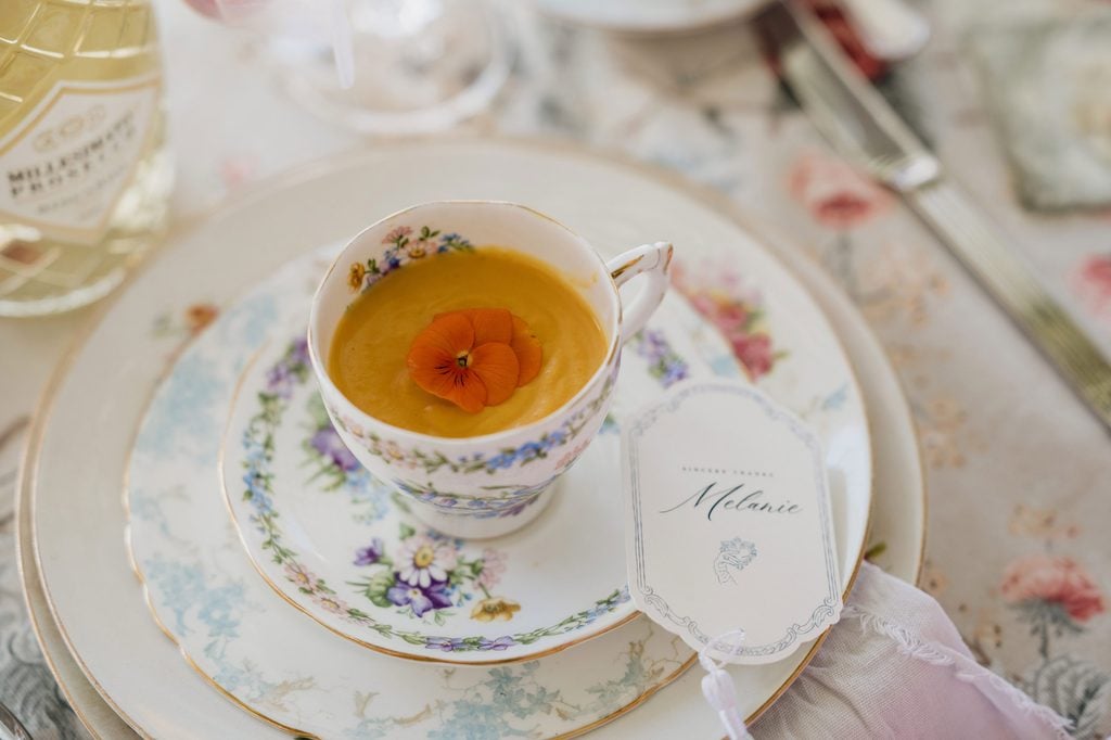 Wonderland Kitchen catered from my own Kitchen. The first dish was my favourite pumpkin soup served in vintage teacups.