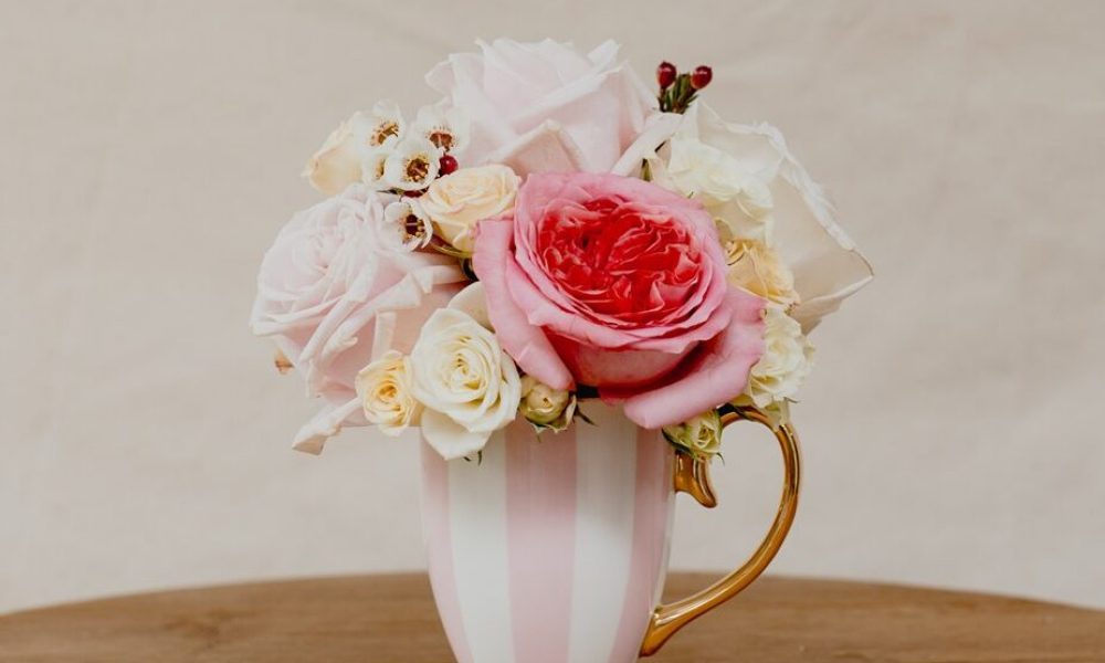 Mayflowers Shoots Christina Re teacup posy with fresh pink and white roses