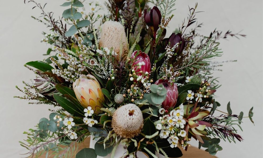concrete pot floral arrangement