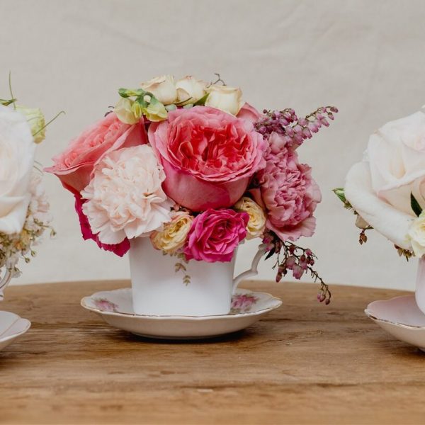 Mayflowers Shoots Vintage teacup posies filled with fresh pink and white roses. Newcastle Delivery